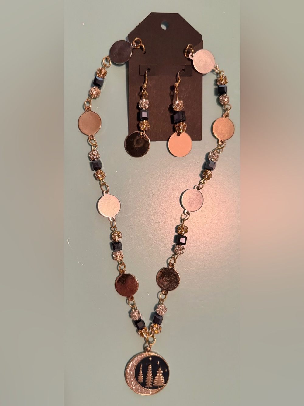 Gold-Tone Moon & Trees Necklace & Earring Set with Gold Discs & Navy Accents